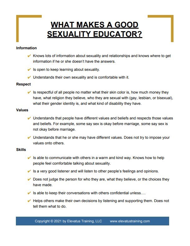 image of handout, What makes a good sexuality educator. image of handout, What makes a good sexuality educator.