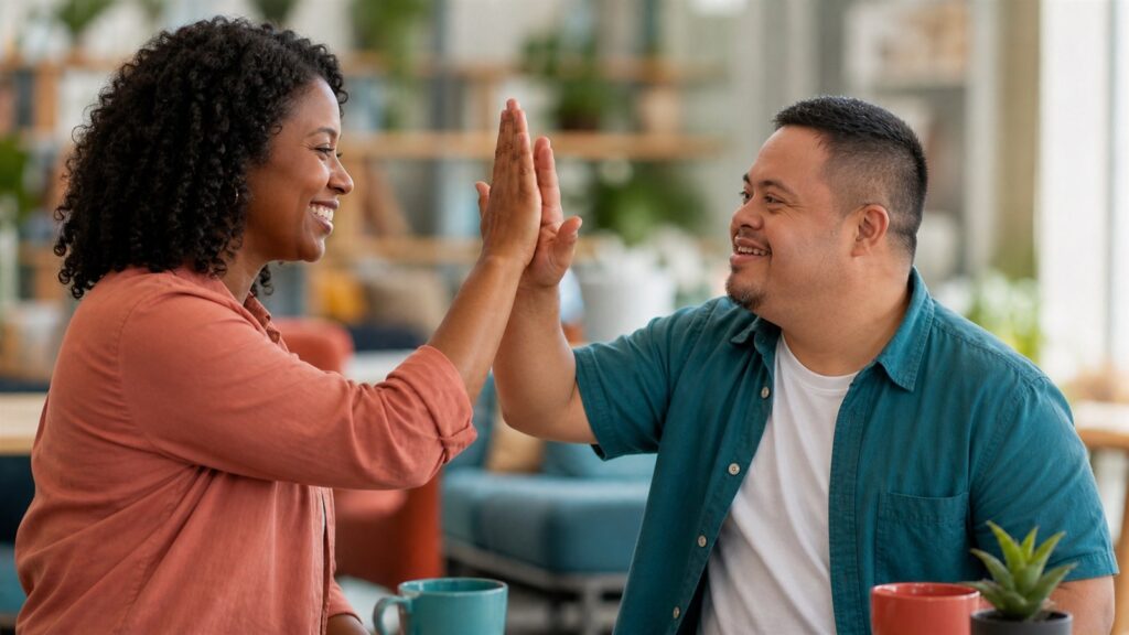 A Black woman and Latino man with Down syndrome sharing a friendly high-five.