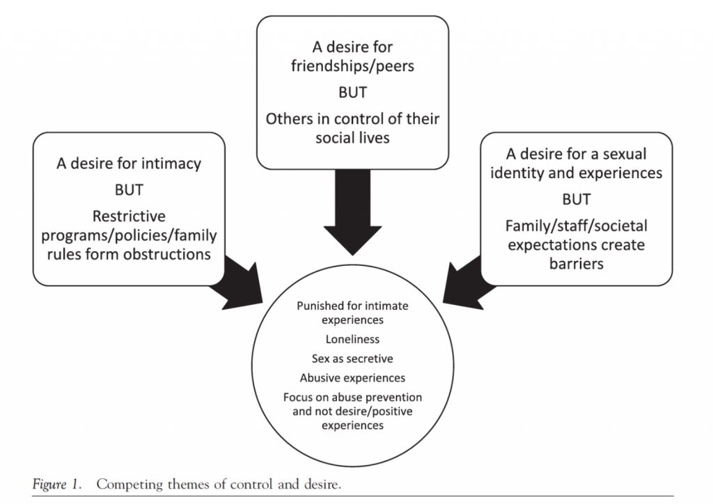 A visual that shows people with intellectual and developmental disabilities desire intimacy, friendships, and to be accepted for who they are, and correspondingly, how the controls, restrictions and barriers placed on them get in the way and put them at risk. A visual that shows people with intellectual and developmental disabilities desire intimacy, friendships, and to be accepted for who they are, and correspondingly, how the controls, restrictions and barriers placed on them get in the way and put them at risk.