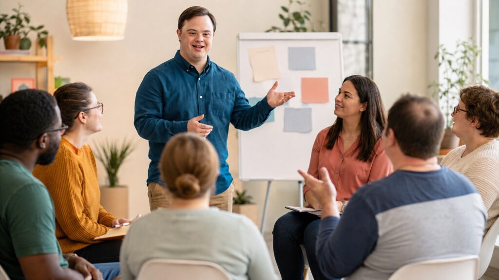 Self-advocate with Down syndrome leads a peer sexuality education class for adults with and without I/DD.
