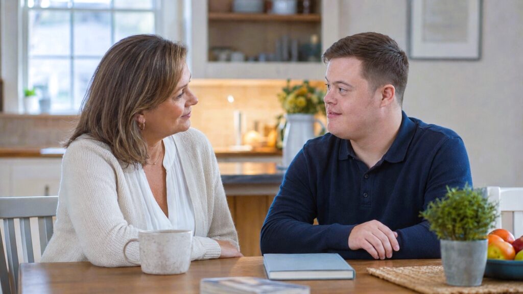 Mother and adult son with Down syndrome have an open conversation at the kitchen table about sexuality and relationships.