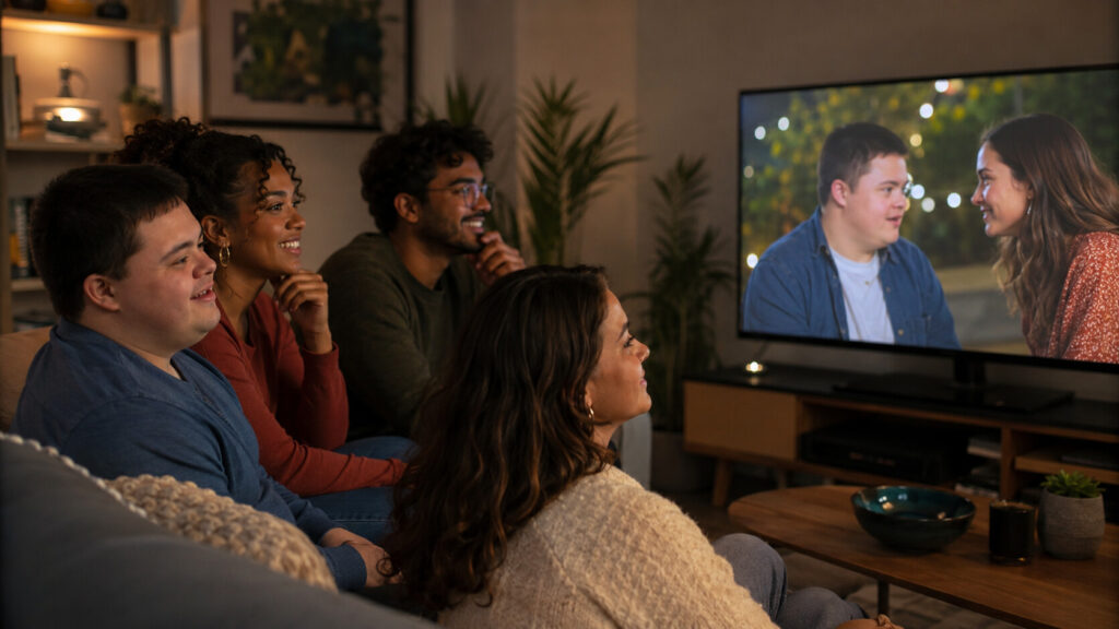 Adults, including a man with Down syndrome, watch a television scene featuring a young man with Down syndrome in a romantic relationship.