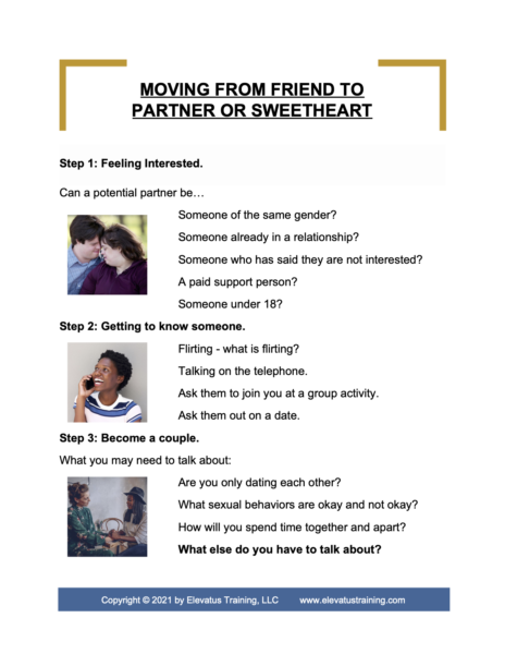 Elevatus Training handout, “Moving from Friend to Partner or Sweetheart.” Elevatus Training handout, "Moving from Friend to Partner or Sweetheart."