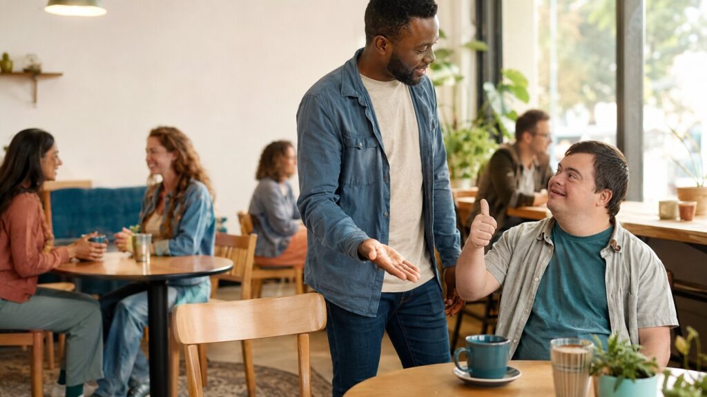 A man with Down syndrome uses a thumbs-up to give consent when a friend asks to sit beside him at a café.