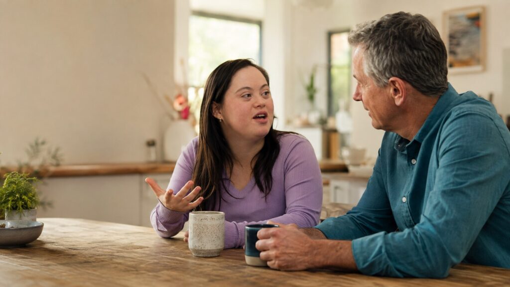 Young woman with Down syndrome discusses healthy relationships with her father at a kitchen table.