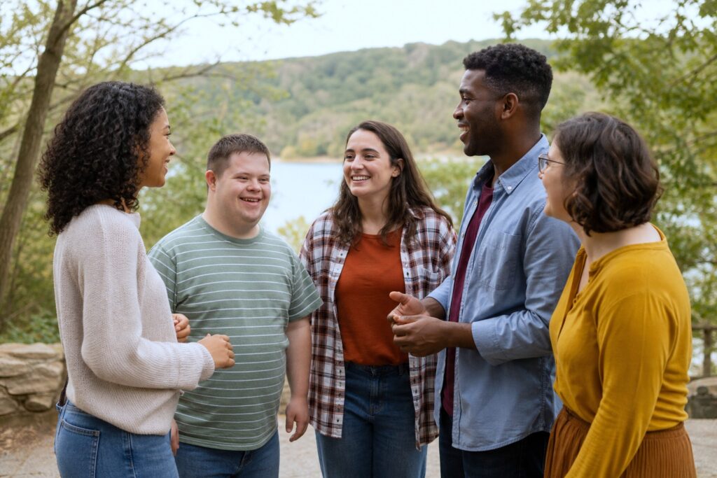 A diverse group of adults, including people with disabilities, stand together smiling and talking in a warm, welcoming setting. A diverse group of adults, including people with disabilities, stand together smiling and talking in a warm, welcoming setting.