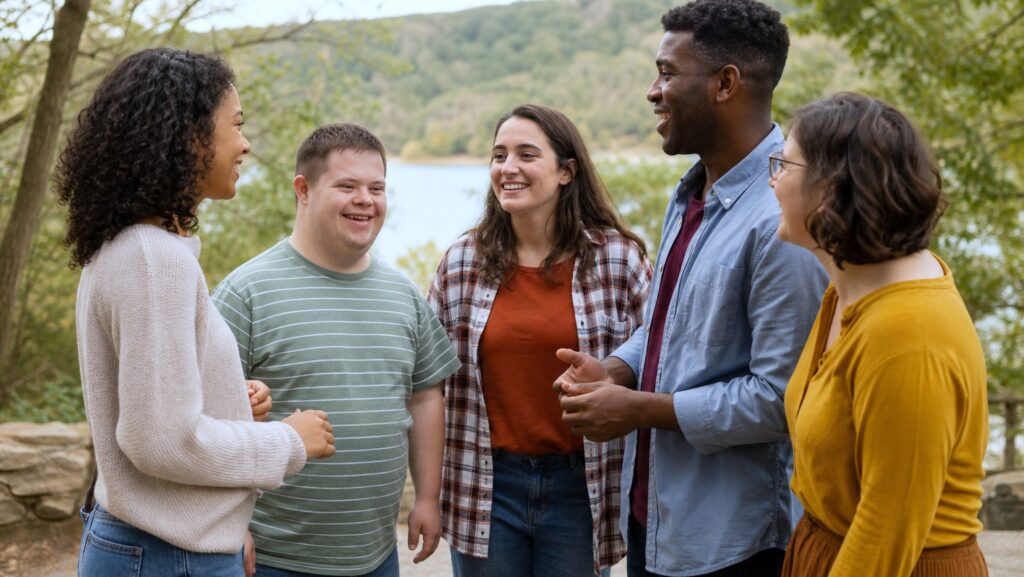 A diverse group of adults, including people with disabilities, stand together smiling and talking in a warm, welcoming setting.
