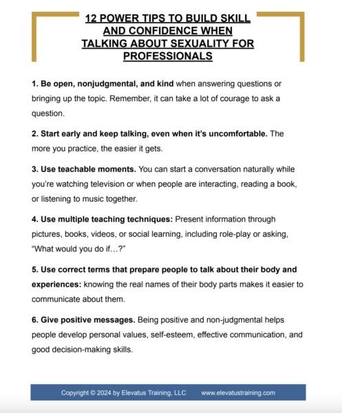 Image of Elevatus handout, 12 Power Tips to Build Skill and Confidence When Talking About Sexuality Image of Elevatus handout, 12 Power Tips to Build Skill and Confidence When Talking About Sexuality