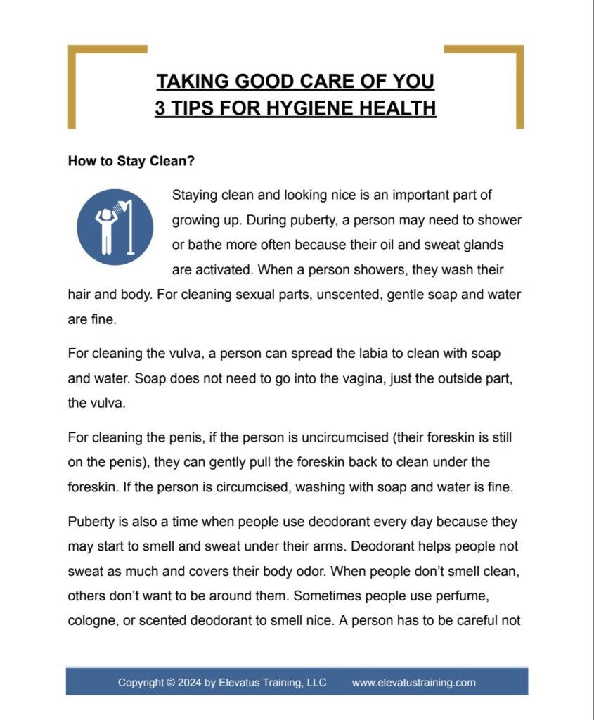 Elevatus Training handout, "3 Tips for Hygiene Health."
