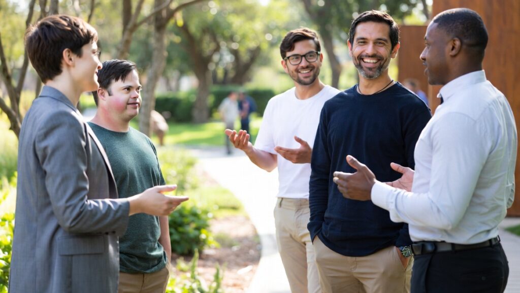 Group of people smiling and talking outside