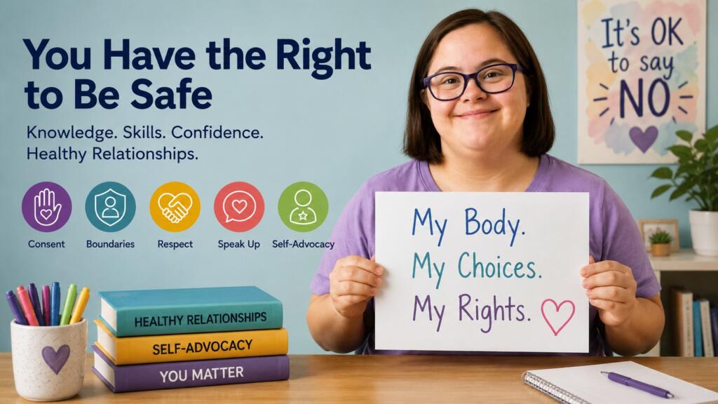 Image of a young woman with I/DD displaying sexual rights imagery. Image of a young woman with I/DD displaying sexual rights imagery.