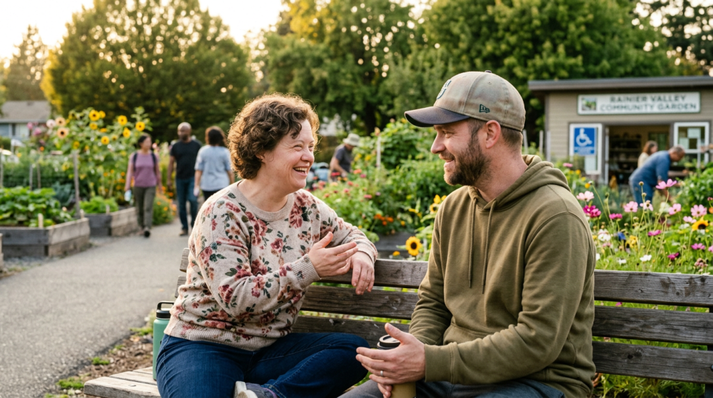 Two people sitting on a bench talking and laughing in a community garden