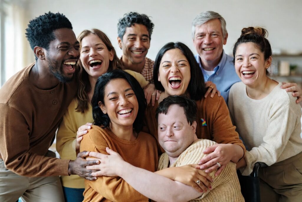chosen-family Diverse group of friends and community members laughing and embracing warmly in a close group hug, representing joyful chosen family and supportive connections.
