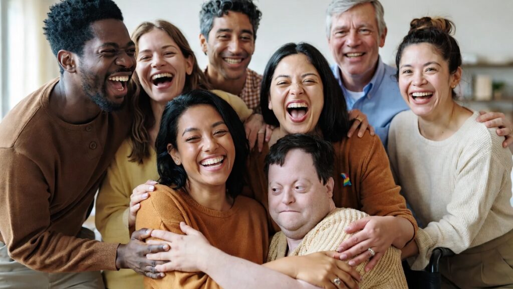 Diverse group of friends and community members laughing and embracing warmly in a close group hug, representing joyful chosen family and supportive connections.