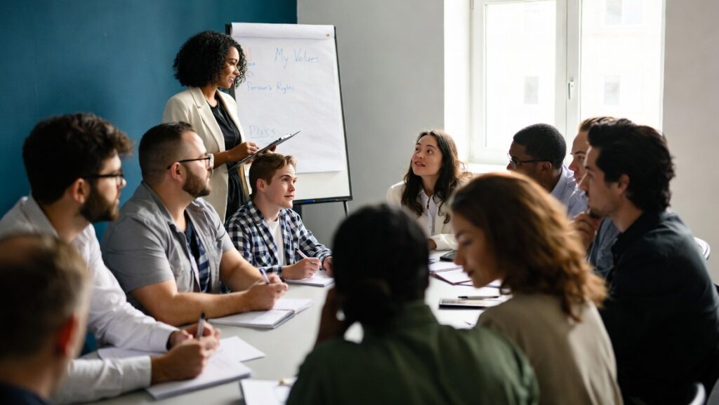 Photo of young woman leading a class on values. Photo of young woman leading a class on values.