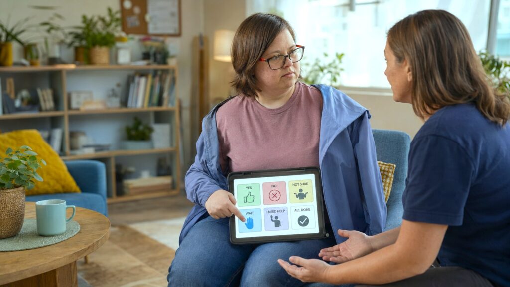 Consent training for people with IDD as an adult self-advocate uses an AAC device to ask a direct support professional to wait. Consent training for people with IDD as an adult self-advocate uses an AAC device to ask a direct support professional to wait.
