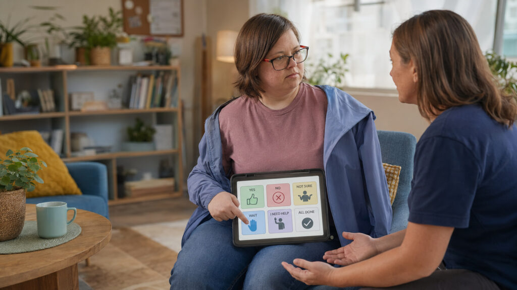Consent training for people with IDD as an adult self-advocate uses an AAC device to ask a direct support professional to wait.