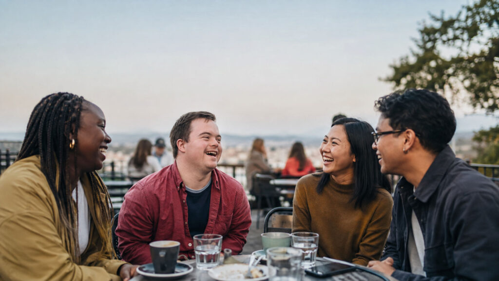 Four diverse adult friends, including a man with Down syndrome, laugh and talk together at an outdoor café table.