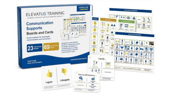 Elevatus Communication Supports set showing full-color boards and cards for sexuality education for people with I/DD.