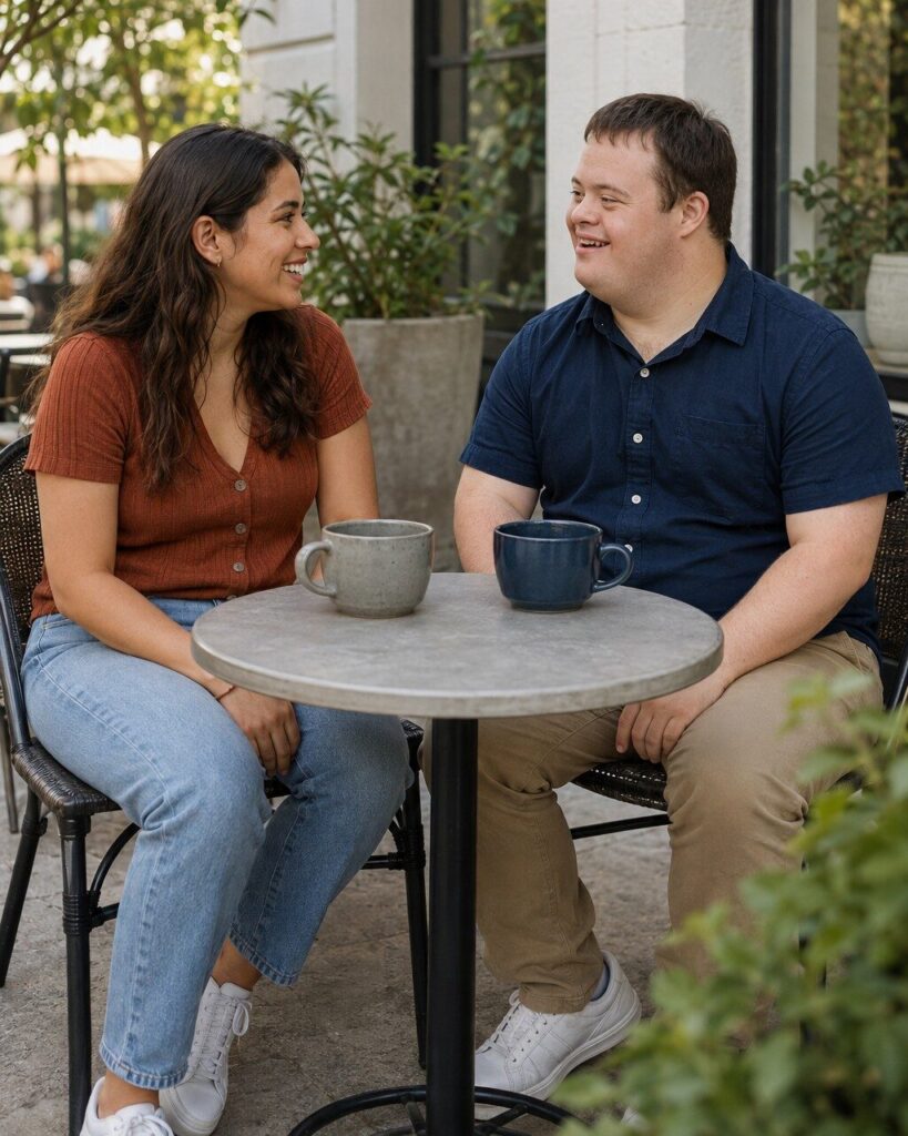 A couple smiling at each other over coffee at an outdoor cafémage-2 A couple smiling at each other over coffee at an outdoor café
