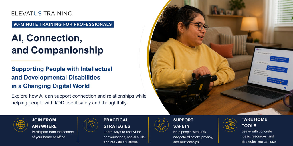 Hero image for a workshop title AI, Connection, and Companionship: Supporting People with Intellectual and Developmental Disabilities in a Changing Digital World Hero image for a workshop title AI, Connection, and Companionship: Supporting People with Intellectual and Developmental Disabilities in a Changing Digital World